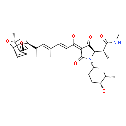 ChemSpider 2D Image | (2R)-2-{(2R,4E)-4-{(2E,4E,6S)-6-[(1S,2S,5S,6R,7S)-1,6-Dimethylspiro[8,9-dioxabicyclo[3.3.1]non-3-ene-2,2'-oxiran]-7-yl]-1-hydroxy-4-methyl-2,4-heptadien-1-ylidene}-1-[(2R,5R,6R)-5-hydroxy-6-methyltetr
ahydro-2H-pyran-2-yl]-3,5-dioxo-2-pyrrolidinyl}-N-methylpropanamide | C32H44N2O9