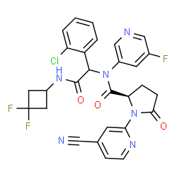 ChemSpider 2D Image | N-{1-(2-Chlorophenyl)-2-[(3,3-difluorocyclobutyl)amino]-2-oxoethyl}-1-(4-cyano-2-pyridinyl)-N-(5-fluoro-3-pyridinyl)-5-oxo-D-prolinamide | C28H22ClF3N6O3