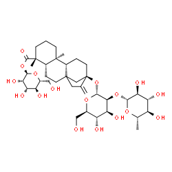 ChemSpider 2D Image | 1-O-[(5beta,9beta,10alpha)-13-{[2-O-(6-Deoxy-beta-L-glucopyranosyl)-alpha-D-mannopyranosyl]oxy}-18-oxokaur-16-en-18-yl]-alpha-D-mannopyranose | C38H60O17