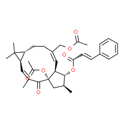 ChemSpider 2D Image | (1aR,2Z,4aS,6S,7R,7aS,8E,11aR)-4a-Acetoxy-9-(acetoxymethyl)-1,1,3,6-tetramethyl-4-oxo-1a,4,4a,5,6,7,7a,10,11,11a-decahydro-1H-cyclopenta[a]cyclopropa[f][11]annulen-7-yl (2E)-3-phenylacrylate | C33H40O7