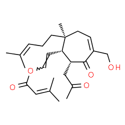 ChemSpider 2D Image | (E)-2-[(1S,2S,7R)-5-(Hydroxymethyl)-2-methyl-2-(4-methyl-3-penten-1-yl)-6-oxo-7-(2-oxopropyl)-4-cyclohepten-1-yl]vinyl 3-methyl-2-butenoate | C25H36O5