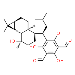 ChemSpider 2D Image | 2,4,6-Trihydroxy-5-{(1R)-1-[(1aS,3aS,4R,7R,7aR,7bS)-7-hydroxy-1,1,3a,7-tetramethyldecahydro-1H-cyclopropa[a]naphthalen-4-yl]-3-methylbutyl}isophthalaldehyde | C28H40O6