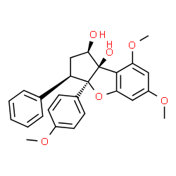 ChemSpider 2D Image | (1R,3R,3aR,8bR)-6,8-Dimethoxy-3a-(4-methoxyphenyl)-3-phenyl-1,2,3,3a-tetrahydro-8bH-benzo[b]cyclopenta[d]furan-1,8b-diol | C26H26O6