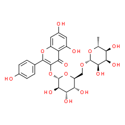 ChemSpider 2D Image | 5,7-Dihydroxy-2-(4-hydroxyphenyl)-4-oxo-4H-chromen-3-yl 6-O-(6-deoxy-beta-D-allopyranosyl)-alpha-L-altropyranoside | C27H30O15
