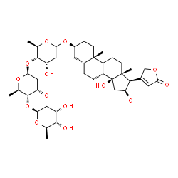ChemSpider 2D Image | (3beta,5beta,9xi,16beta)-3-{[2,6-Dideoxy-beta-D-ribo-hexopyranosyl-(1->4)-2,6-dideoxy-beta-D-ribo-hexopyranosyl-(1->4)-2,6-dideoxy-D-ribo-hexopyranosyl]oxy}-14,16-dihydroxycard-20(22)-enolide | C41H64O14