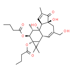 ChemSpider 2D Image | (1aR,1bR,4aS,7aR,7bR,8S,9S,9aR)-4a,7b-Dihydroxy-3-(hydroxymethyl)-1,1,6,8-tetramethyl-5-oxo-1,1a,1b,4,4a,5,7a,7b,8,9-decahydro-9aH-cyclopropa[3,4]benzo[1,2-e]azulene-9,9a-diyl dibutanoate | C28H40O8