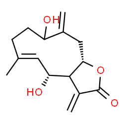ChemSpider 2D Image | (4R,5E,11aS)-4,9-Dihydroxy-6-methyl-3,10-bis(methylene)-3a,4,7,8,9,10,11,11a-octahydrocyclodeca[b]furan-2(3H)-one | C15H20O4