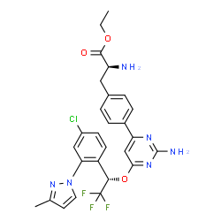 ChemSpider 2D Image | Ethyl 4-(2-amino-6-{(1S)-1-[4-chloro-2-(3-methyl-1H-pyrazol-1-yl)phenyl]-2,2,2-trifluoroethoxy}-4-pyrimidinyl)-L-phenylalaninate | C27H26ClF3N6O3