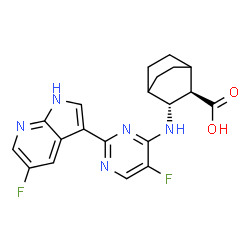 ChemSpider 2D Image | (2R,3R)-3-{[5-Fluoro-2-(5-fluoro-1H-pyrrolo[2,3-b]pyridin-3-yl)-4-pyrimidinyl]amino}bicyclo[2.2.2]octane-2-carboxylic acid | C20H19F2N5O2