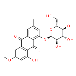 ChemSpider 2D Image | 8-Hydroxy-6-methoxy-3-methyl-9,10-dioxo-9,10-dihydro-1-anthracenyl alpha-D-glucopyranoside | C22H22O10