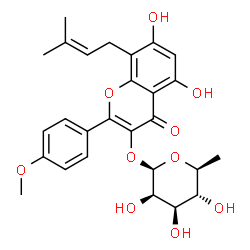 ChemSpider 2D Image | 5,7-Dihydroxy-2-(4-methoxyphenyl)-8-(3-methyl-2-buten-1-yl)-4-oxo-4H-chromen-3-yl 6-deoxy-beta-L-mannopyranoside | C27H30O10