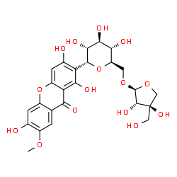 ChemSpider 2D Image | (1R)-1,5-Anhydro-6-O-[(2S,3S,4R)-3,4-dihydroxy-4-(hydroxymethyl)tetrahydro-2-furanyl]-1-(1,3,6-trihydroxy-7-methoxy-9-oxo-9H-xanthen-2-yl)-D-glucitol | C25H28O15