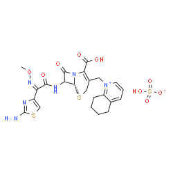 ChemSpider 2D Image | 1-{[(6R)-7-{[(2Z)-2-(2-Amino-1,3-thiazol-4-yl)-2-(methoxyimino)acetyl]amino}-2-carboxy-8-oxo-5-thia-1-azabicyclo[4.2.0]oct-2-en-3-yl]methyl}-5,6,7,8-tetrahydroquinolinium hydrogen sulfate | C23H26N6O9S3