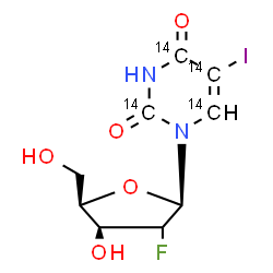 ChemSpider 2D Image | 1-[(2xi)-2-Deoxy-2-fluoro-beta-D-threo-pentofuranosyl]-5-iodo-2,4(1H,3H)-(~14~C_4_)pyrimidinedione | C514C4H10FIN2O5