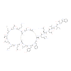 ChemSpider 2D Image | N-({(1R,4S,7S,10S,13S,16S,19S,22S,25R,28S,31R,36R,39S,42S,45S)-31-Amino-7,22-bis(4-aminobutyl)-39-benzyl-4-(2-carboxyethyl)-10,19-bis(carboxymethyl)-42-(4-hydroxybenzyl)-13-[(1R)-1-hydroxyethyl]-28-(h
ydroxymethyl)-45-isobutyl-16-[2-(methylsulfanyl)ethyl]-3,6,9,12,15,18,21,24,27,30,38,41,44,47-tetradecaoxo-33,34,49,50-tetrathia-2,5,8,11,14,17,20,23,26,29,37,40,43,46-tetradecaazabicyclo[23.22.4]henp
entacont-36-yl}carbonyl)-L-histidyl-L-glutaminyl-L-alpha-aspartyl-L-valyl-L-isoleucyl-3-(7H-indol-3-yl)-L-alanine | C110H159N27O34S5