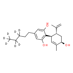 ChemSpider 2D Image | 2-[(1R,4R,6R)-4-Hydroxy-6-isopropenyl-3-methyl-2-cyclohexen-1-yl]-5-[(3,3,4,4,5,5,5-~2~H_7_)pentyl]-1,3-benzenediol | C21H23D7O3
