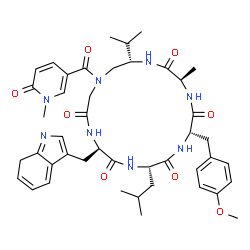 ChemSpider 2D Image | (3R,6S,9S,12R,18S)-12-(7H-Indol-3-ylmethyl)-9-isobutyl-18-isopropyl-6-(4-methoxybenzyl)-3-methyl-16-[(1-methyl-6-oxo-1,6-dihydro-3-pyridinyl)carbonyl]-1,4,7,10,13,16-hexaazacyclooctadecane-2,5,8,11,14
-pentone | C44H56N8O8