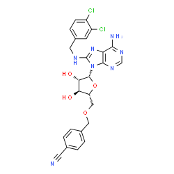 ChemSpider 2D Image | 9-[5-O-(4-Cyanobenzyl)-beta-D-arabinofuranosyl]-N~8~-(3,4-dichlorobenzyl)-9H-purine-6,8-diamine | C25H23Cl2N7O4