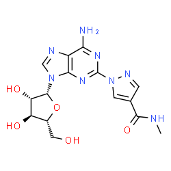 ChemSpider 2D Image | 9-(beta-D-Arabinofuranosyl)-2-[4-(methylcarbamoyl)-1H-pyrazol-1-yl]-9H-purin-6-amine | C15H18N8O5