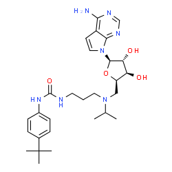 ChemSpider 2D Image | 7-(5-Deoxy-5-{isopropyl[3-({[4-(2-methyl-2-propanyl)phenyl]carbamoyl}amino)propyl]amino}-beta-D-xylofuranosyl)-7H-pyrrolo[2,3-d]pyrimidin-4-amine | C28H41N7O4