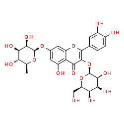 ChemSpider 2D Image | 7-[(6-Deoxy-beta-L-mannopyranosyl)oxy]-2-(3,4-dihydroxyphenyl)-5-hydroxy-4-oxo-4H-chromen-3-yl beta-D-galactopyranoside | C27H30O16