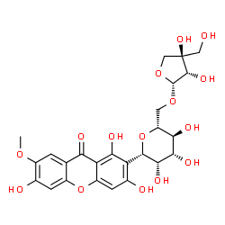 ChemSpider 2D Image | (1S)-1,5-Anhydro-6-O-[(2R,3S,4R)-3,4-dihydroxy-4-(hydroxymethyl)tetrahydro-2-furanyl]-1-(1,3,6-trihydroxy-7-methoxy-9-oxo-9H-xanthen-2-yl)-D-mannitol | C25H28O15