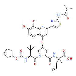 ChemSpider 2D Image | N-[(Cyclopentyloxy)carbonyl]-3-methyl-L-valyl-(4R)-4-({8-bromo-2-[2-(isobutyrylamino)-1,3-thiazol-4-yl]-7-methoxy-4-quinolinyl}oxy)-N-[(1R,2S)-1-carboxy-2-vinylcyclopropyl]prolinamide | C40H49BrN6O9S