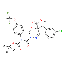 ChemSpider 2D Image | Methyl (4aS)-7-chloro-2-({[(~2~H_3_)methyloxy]carbonyl}[4-(trifluoromethoxy)phenyl]carbamoyl)-2,5-dihydroindeno[1,2-e][1,3,4]oxadiazine-4a(3H)-carboxylate | C22H14D3ClF3N3O7