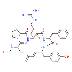 ChemSpider 2D Image | 1-{3-[(3S,7R,10R,11E,16S,21aR)-7-Benzyl-16-formamido-10-(4-hydroxybenzyl)-1,4,5,8,13,17-hexaoxo-2,3,4,5,6,7,8,9,10,13,14,15,16,17,19,20,21,21a-octadecahydro-1H-pyrrolo[2,1-j][1,4,8,11,15]pentaazacyclo
nonadecin-3-yl]propyl}guanidine | C36H45N9O8