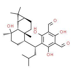 ChemSpider 2D Image | 2,4,6-Trihydroxy-5-{(1R)-1-[(1aS,3aR,4S,7R,7aR)-7-hydroxy-1,1,3a,7-tetramethyldecahydro-1H-cyclopropa[a]naphthalen-4-yl]-3-methylbutyl}isophthalaldehyde | C28H40O6