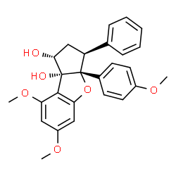 ChemSpider 2D Image | (1R,3S,3aR,8bR)-6,8-Dimethoxy-3a-(4-methoxyphenyl)-3-phenyl-1,2,3,3a-tetrahydro-8bH-benzo[b]cyclopenta[d]furan-1,8b-diol | C26H26O6