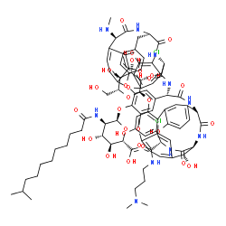 ChemSpider 2D Image | (1S,2R,19R,22R,33S,36S,39R,51S)-5,31-Dichloro-51-{[3-(dimethylamino)propyl]carbamoyl}-2,25,30,43,48-pentahydroxy-46-(alpha-D-mannopyranosyloxy)-22-(methylamino)-21,34,37,53,55,58-hexaoxo-7,13,27-triox
a-20,35,38,52,54,57-hexaazaundecacyclo[37.14.2.2~3,6~.2~14,17~.2~19,33~.2~23,26~.1~8,12~.1~28,32~.1~40,44~.0~10,36~.0~45,50~]hexahexaconta-3,5,8(64),9,11,14,16,23,25,28(59),29,31,40(56),41,43,45,47,49
,60,62,65-henicosaen-64-yl 2-deoxy-2-[(10-methylundecanoyl)amino]-alpha-D-glucopyranosiduronic acid | C88H100Cl2N10O28