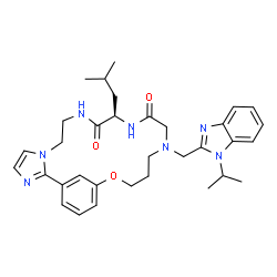 ChemSpider 2D Image | (11R)-11-Isobutyl-15-[(1-isopropyl-1H-benzimidazol-2-yl)methyl]-19-oxa-3,6,9,12,15-pentaazatricyclo[18.3.1.0~2,6~]tetracosa-1(24),2,4,20,22-pentaene-10,13-dione | C33H43N7O3