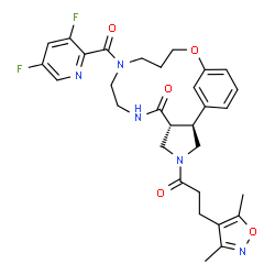 ChemSpider 2D Image | (2S,6R)-11-[(3,5-Difluoro-2-pyridinyl)carbonyl]-4-[3-(3,5-dimethyl-1,2-oxazol-4-yl)propanoyl]-15-oxa-4,8,11-triazatricyclo[14.3.1.0~2,6~]icosa-1(20),16,18-trien-7-one | C30H33F2N5O5