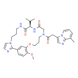 ChemSpider 2D Image | (12R)-12-Isopropyl-22-methoxy-16-[(8-methylimidazo[1,2-a]pyridin-3-yl)acetyl]-20-oxa-3,6,10,13,16-pentaazatricyclo[19.3.1.0~2,6~]pentacosa-1(25),2,4,21,23-pentaene-11,14-dione | C33H41N7O5
