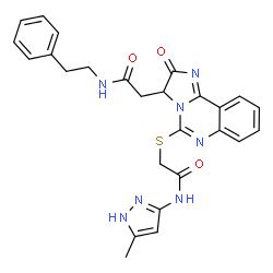 ChemSpider 2D Image | 2-[5-({2-[(5-Methyl-1H-pyrazol-3-yl)amino]-2-oxoethyl}sulfanyl)-2-oxo-2,3-dihydroimidazo[1,2-c]quinazolin-3-yl]-N-(2-phenylethyl)acetamide | C26H25N7O3S