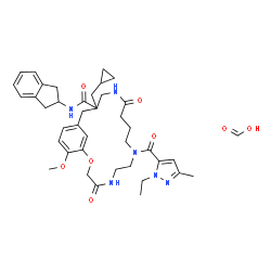 ChemSpider 2D Image | Formic acid - 15-(cyclopropylmethyl)-N-(2,3-dihydro-1H-inden-2-yl)-8-[(1-ethyl-3-methyl-1H-pyrazol-5-yl)carbonyl]-20-methoxy-4,12-dioxo-2-oxa-5,8,13-triazabicyclo[15.3.1]henicosa-1(21),17,19-triene-15
-carboxamide (1:1) | C40H52N6O8