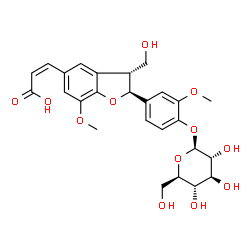 ChemSpider 2D Image | (2Z)-3-[(2S,3R)-2-[4-(beta-D-Glucopyranosyloxy)-3-methoxyphenyl]-3-(hydroxymethyl)-7-methoxy-2,3-dihydro-1-benzofuran-5-yl]acrylic acid | C26H30O12