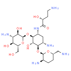 ChemSpider 2D Image | (2R)-4-Amino-N-{(1R,2S,3S,4R,5S)-5-amino-2-[(3-amino-3-deoxy-alpha-D-glucopyranosyl)oxy]-4-[(2,6-diamino-2,3,4,6-tetradeoxy-alpha-D-erythro-hexopyranosyl)oxy]-3-hydroxycyclohexyl}-2-hydroxybutanamide | C22H44N6O10