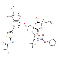 ChemSpider 2D Image | N-[(Cyclopentyloxy)carbonyl]-3-methylvalyl-(4R)-4-({8-bromo-2-[2-(isobutyrylamino)-1,3-thiazol-4-yl]-7-methoxy-4-quinolinyl}oxy)-N-[(1R)-1-carboxy-2-vinylcyclopropyl]-L-prolinamide | C40H49BrN6O9S