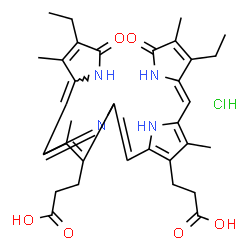 ChemSpider 2D Image | 3-[2-[(Z)-[3-(2-carboxyethyl)-5-[(4-ethyl-3-methyl-5-oxo-pyrrol-2-ylidene)methyl]-4-methyl-pyrrol-2-ylidene]methyl]-5-[(Z)-(3-ethyl-4-methyl-5-oxo-pyrrol-2-ylidene)methyl]-4-methyl-1H-pyrrol-3-yl]propanoic acid;hydrochloride | C33H39ClN4O6
