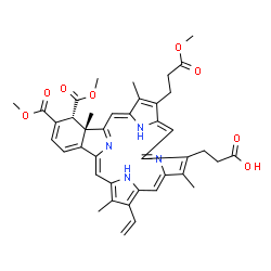 ChemSpider 2D Image | 3-[(2Z,11Z,17Z,23R,24S)-22,23-Bis(methoxycarbonyl)-5-(3-methoxy-3-oxopropyl)-4,10,15,24-tetramethyl-14-vinyl-25,26,27,28-tetraazahexacyclo[16.6.1.1~3,6~.1~8,11~.1~13,16~.0~19,24~]octacosa-1(25),2,4,6,
8(27),9,11,13,15,17,19,21-dodecaen-9-yl]propanoic acid | C41H42N4O8