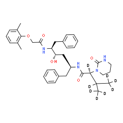 ChemSpider 2D Image | (2S)-N-[(2S,4S,5S)-5-{[(2,6-Dimethylphenoxy)acetyl]amino}-4-hydroxy-1,6-diphenyl-2-hexanyl]-3-(~2~H_3_)methyl-2-(2-oxotetrahydro-1(2H)-pyrimidinyl)(~2~H_5_)butanamide | C37H40D8N4O5
