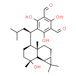ChemSpider 2D Image | 2,4,6-Trihydroxy-5-{(1R)-1-[(1aS,3aS,4S,7R,7aS,7bR)-7-hydroxy-1,1,3a,7-tetramethyldecahydro-1H-cyclopropa[a]naphthalen-4-yl]-3-methylbutyl}isophthalaldehyde | C28H40O6