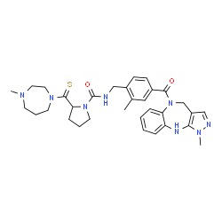 ChemSpider 2D Image | 2-[(4-Methyl-1,4-diazepan-1-yl)carbonothioyl]-N-{2-methyl-4-[(1-methyl-4,10-dihydropyrazolo[3,4-b][1,5]benzodiazepin-5(1H)-yl)carbonyl]benzyl}-1-pyrrolidinecarboxamide | C32H40N8O2S