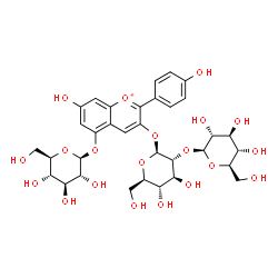 ChemSpider 2D Image | 5-(beta-D-Glucopyranosyloxy)-7-hydroxy-2-(4-hydroxyphenyl)-3-chromeniumyl 2-O-beta-D-glucopyranosyl-beta-D-glucopyranoside | C33H41O20