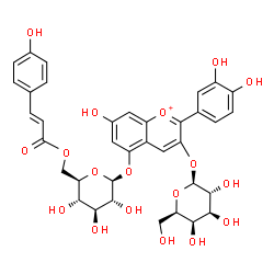 ChemSpider 2D Image | 2-(3,4-Dihydroxyphenyl)-7-hydroxy-5-({6-O-[(2E)-3-(4-hydroxyphenyl)-2-propenoyl]-beta-D-glucopyranosyl}oxy)-3-chromeniumyl beta-D-galactopyranoside | C36H37O18
