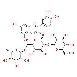 ChemSpider 2D Image | 2-(3,4-Dihydroxyphenyl)-5,7-dihydroxy-3-chromeniumyl 6-deoxy-alpha-L-mannopyranosyl-(1->6)-[beta-D-glucopyranosyl-(1->2)]-beta-D-glucopyranoside | C33H41O20