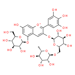 ChemSpider 2D Image | 5-(beta-D-Glucopyranosyloxy)-7-hydroxy-2-(3,4,5-trihydroxyphenyl)-3-chromeniumyl 6-O-(6-deoxy-alpha-L-mannopyranosyl)-beta-D-glucopyranoside | C33H41O21