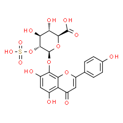 ChemSpider 2D Image | 5,7-Dihydroxy-2-(4-hydroxyphenyl)-4-oxo-4H-chromen-8-yl 2-O-sulfo-beta-D-glucopyranosiduronic acid | C21H18O15S